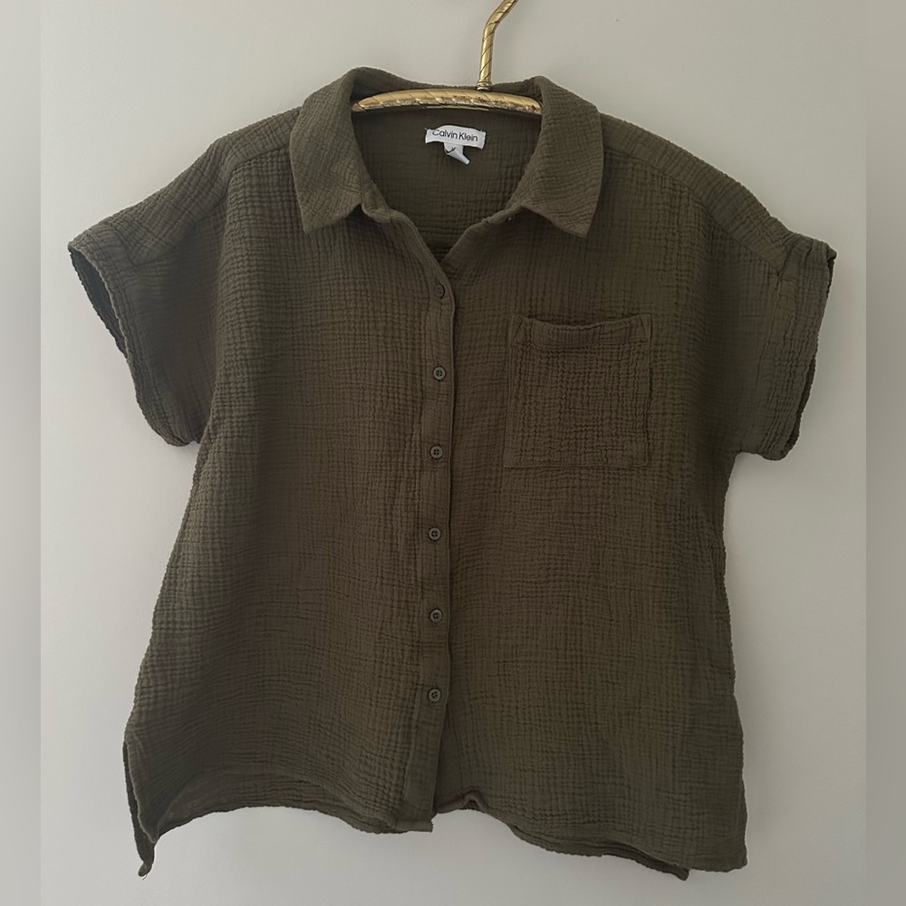 Calvin Klein Olive Green Gauze Blouse Woman’s Size L 100% Cotton Button Up Top